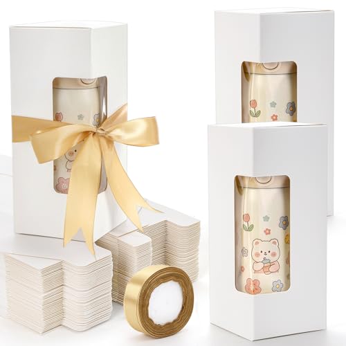 AVLA 50 Pack Tumbler Gift Box with Ribbon 12 16 20oz Sublimation Glass Exhibition Boxes Bottle Cup Packaging Boxes with Window for Wrapping Birthday Wedding Anniversaries Christmas
