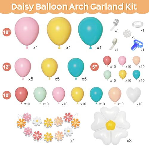 Image of Ouddy Life 161pcs Daisy Baby in Bloom Balloon Arch Kit, Groovy Party Decor | Pastel Pink Yellow Orange Blue Green Balloons Daisy Banner for Baby Shower Groovy Boho Birthday Spring Party Decorations