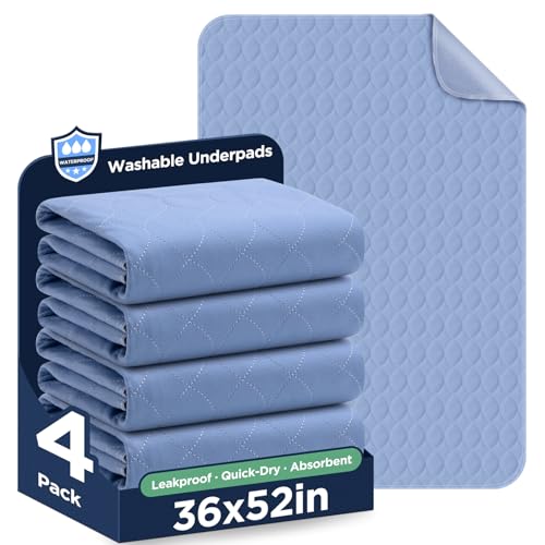 Image of Washable Bed Pads 36 inch x 52 inch - 4 Pack, Blue, Waterproof Bed Pads for Incontinence, Bed Wetting Pads for Bed, Sofa, Floor, Resuable Underpads for Adults, Seniors, Pet