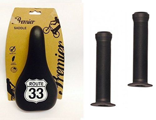 Premier Route 33 Logo Black BMX Saddle & Black Krayton Grips Pack