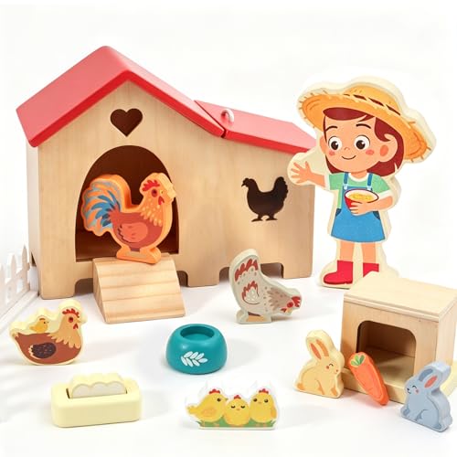 HAPGFS Wooden Dollhouse Animal Set - Realistic Mini Chicken Coop with Farmer Farm Playset - Educational Dollhouse Accessories Farm Toys for Toddlers - Montessori Pretend Play Gift for Kids Ages 3+