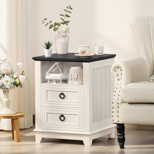 Joaxswe 18\" Farmhouse Night Stands Set of 2 with Charging Station, 2 Drawers End Table Dresser for Bedroom, White Wooden Nightstand, Bed Side Table with Open Shelf, Bedside Cabinet for Living Room