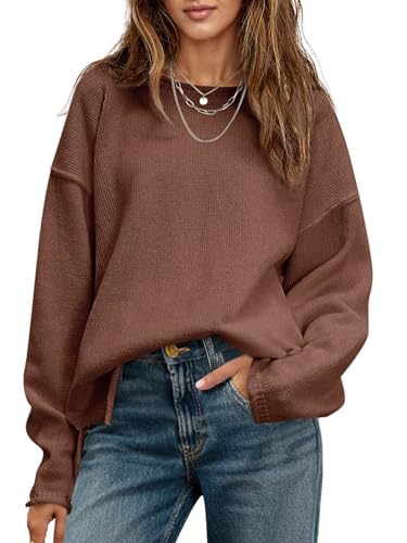 Saodimallsu Womens Oversized Crew Neck Sweaters Long Sleeve Slouchy Knit Fall Casual Loose Side Split Pullover Tops