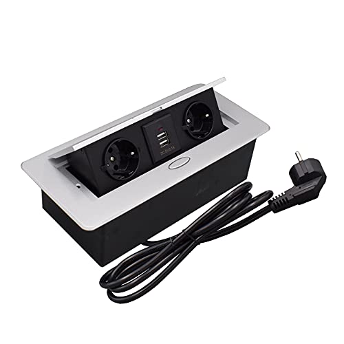 Steckdosenleiste, Tischanschlussbox mit versteckter Pop-Up-Steckdose, Tischsteckdose mit 2 Steckdosen und 2 USB-Ladeanschlüssen für Konferenzraum-Arbeitsplatte 1,5 m Kabel