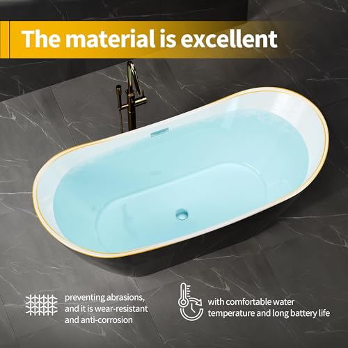 Image of GarveeHome 59 Inch Acrylic Freestanding Bathtub, Deep Soaking Double Ended Tub, White Interior Black Exterior, Modern Oval Non-Slip Stand Alone Bath Tub for Bathroom, Chrome Overflow and Drain