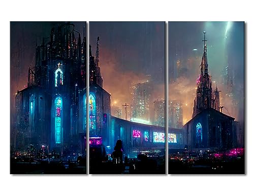 Vue nocturne sur toile murale à 3 panneaux cyberpunk noir et blanc