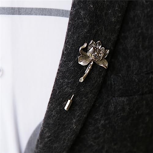Image of Ancient Lotus Brooch Pin for Men Women Personalized Vintage Gold Silver Carved Pool Pond Flower Elegant Traditional Suit Clothes Dress Decoration Jewelry Gifts