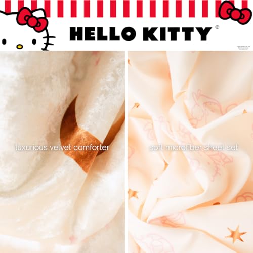 Image of Lux Hello Kitty Velvet Bedding 7 Piece Super Soft Cozy Reversible Comforter and Sheet Set with Sham & Tote Bag, Queen, (Officially Licensed Product) By Franco