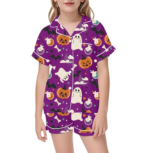 Satin 𝑷ajamas for Girls Halloween Pumpkin Ghost Print 𝑷js 2 Piece Short Sleeve Button Down Shirt and Shorts Outfit