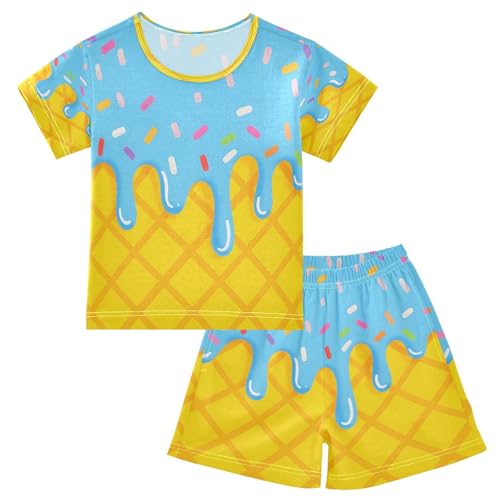 ALAZA Yellow Blue Ice Cream Pajamas Set Short Sleeve Cotton Sleepwear Summer Pjs 2 Piece 5-14Y
