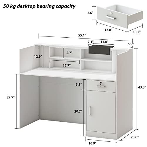 Aiegle Reception Desk With Counter, Reception Counter Desk With Adjustable Shelf & Lockable Drawersfor Salon Reception Room Checkout Office, White (55.1" L X 23.6" W X 43.3" H) #TOP1