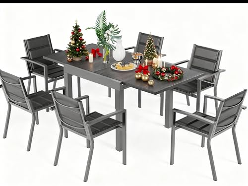 Devoko Gartenmöbel Set 6 Personen,6+1 Aluminium Tisch und Stühle Set Balkonmöbel, 6 Stapelbare Gartenstühle und 1 80/160 cm Dehnbarer Gartentisch,Terassen möbelsets außen Lounge, Dunkelgrau
