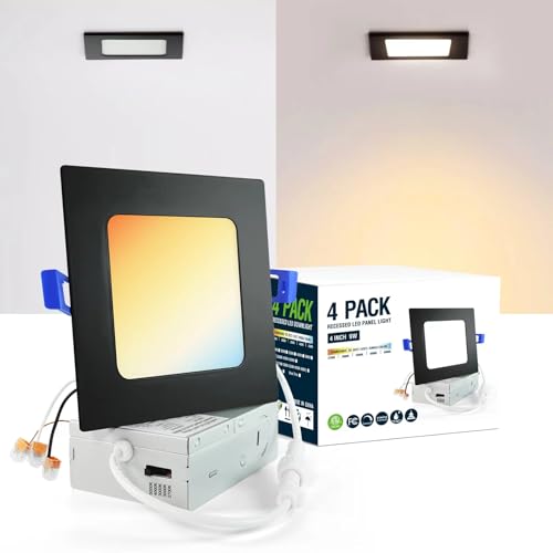 4 Inch Square Led Recessed Ceiling Light Black with Junction Box,Dimmable Ceiling Light Selectable 2700K-5000K,Square Recessed Led Lighting for Shower,Square Recessed Lighting(4 Pack)