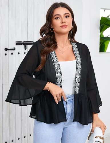 Image of Women's Plus Size Lightweight Chiffon Cardigan Open Front Cover Up Long Sleeve Ruffles Summer Top Casual Beachwear