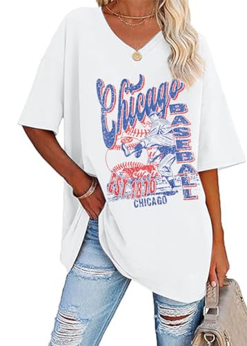 FLOYU Oversized Chicago Baseball Shirt Women Baseball SeasonTops Chicago Fan V Neck Short Sleeve Shirt