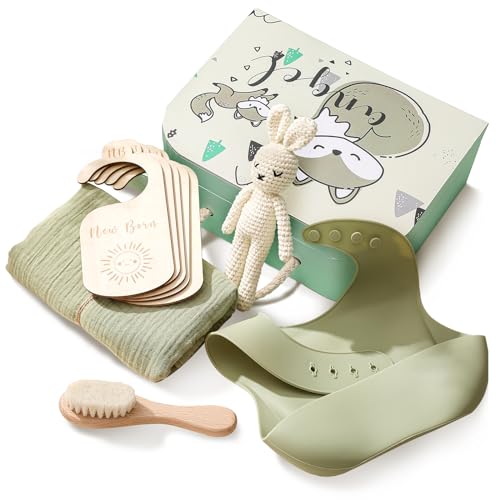 New Born Baby Gift Basket, Baby Boys Girls Shower Gifts with Cotton Bunny Doll, New Born Essentials Bath Set with Baby Brush, Blanket, Closet Dividers, Food Catcher Pocket