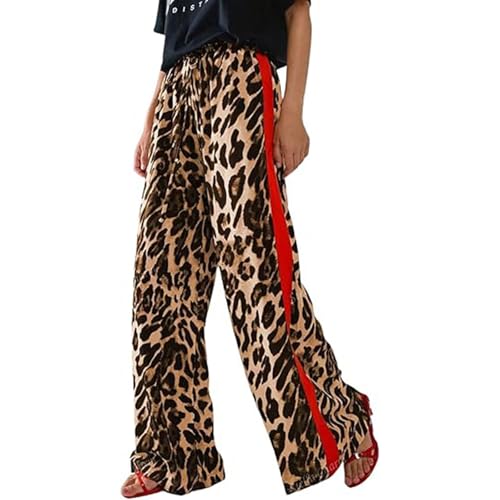 Joggers for Women UK, Women's Summer Thin Casual Pants with Drawstring Leopard Print Side Stripes Straight Leg Wide Leg Loose Pants Brown