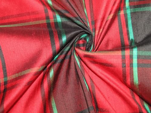 Tissu soie dupion plaid rouge vert pour rénover un fauteuil ancien