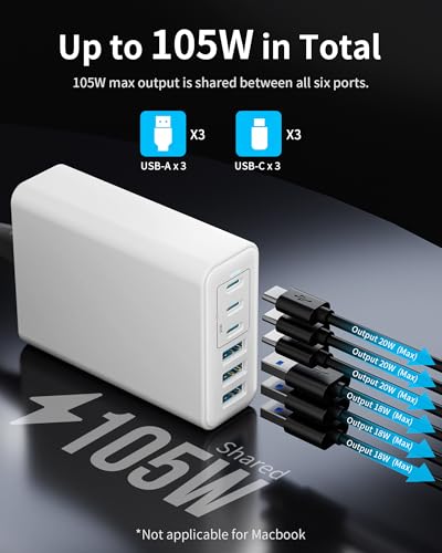 Image of 105W USB C Charger Block, 6-Port USB C Charging Station GaN III PD 20W Laptop Fast Charger Adapter for iPad Pro /Air /Mini, iPhone 17 /16 /15 /14 /13 /12 /11, Samsung and More (Cable Organizer Included)