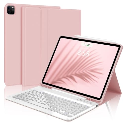 WAVATA Funda Teclado para iPad Air 13 2024 (M2)-Teclado para IPad Pro 12.9, Desmontaje Teclado Bluetooth Magnético con Portalápices - Español Teclado para IPad Pro 12.9(3rd/4th/5th/6th Gen) - Oro Rosa