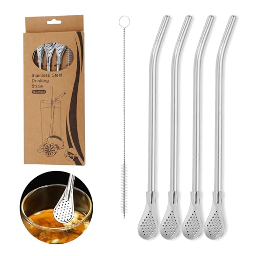 4 pcs Cuillère à Paille en Acier Inoxydable, Paille 304 Inox Réutilisables, Pailles à Boire Cuillère à Filtre, Pailles en Métal, avec cuillère filtrante, Amovible, Brosse,Pour Cocktail,Smoothie et Jus