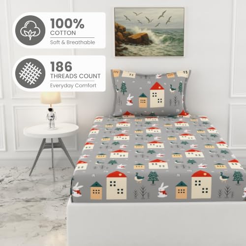 Image of LORETO - A QUALITY LINEN BRAND 186 TC 100% Pure Cotton Single Fitted Bedsheet with 1 Pillow Cover for 78 x 36 Inch Mattress, All-Around Elastic, 8 Inch Deep Pocket, Grey Bunny