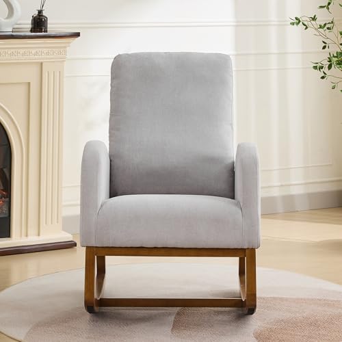 Image of Rocking Chair Nursery, Glider Rocking Accent Chair with Wood Legs, High Back Pocket Modern Upholstered Nursery Chair, Comfy Accent Rocker Armchair for Living Room Bedroom, Light Gray
