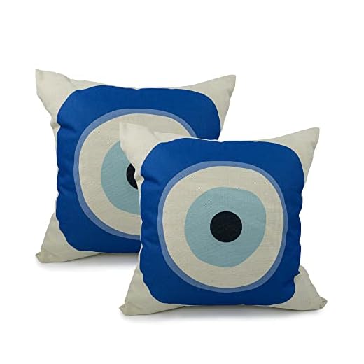 Sayakki Uppsättning av 2 prydnadskuddöverdrag fyrkant 45 x 45 cm grekiska onda ögat symbol skydd vit kudde heminredning vardagsrum sovrum kontor linne örngott