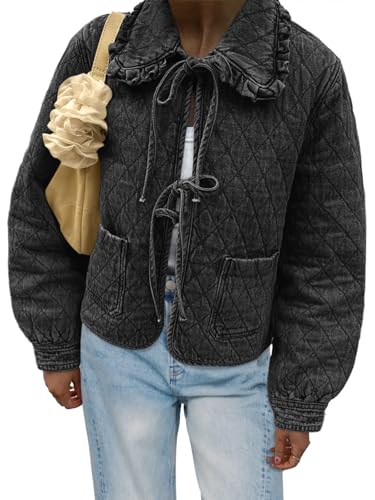 Image of Tankaneo Womens Quilted Denim Puffer Jackets Tie Front Bow Cropped Puffy Jackets Fall Cute Short Jeans Coat