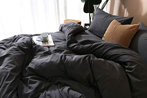 Image of F.Y.Dreams 100% Washed Cotton Duvet Cover for Weighted Blanket 60x80 inches with 16 Ties, Zipper on Long Side /Black Grey /Just Duvet Cover