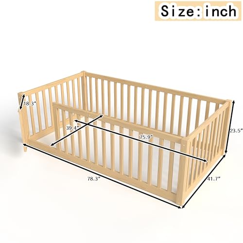 Image of Bellemave Twin Size Kids Montessori Floor Bed with Door,Solid Wood Floor Bed Frame with High Fence for Girls,Boys,Natural