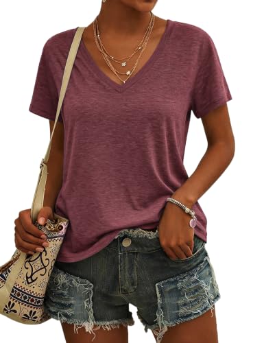 Crewhpo Tee Shirt Femme Basique Couleur Unie Tissu Doux Col V Confortable