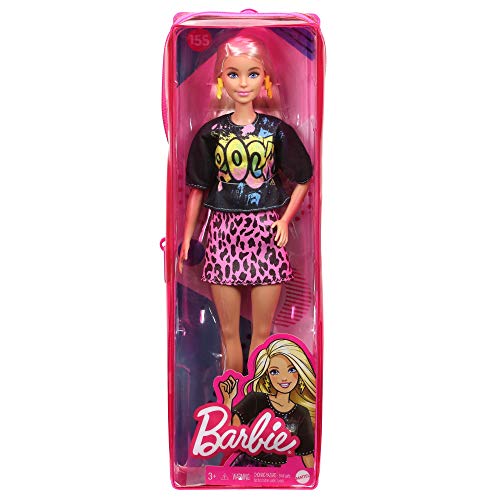 Barbie Fashionista Muñeca rubia con camiseta rock, falda de guepardo y accesorios de moda (Mattel GRB47)
