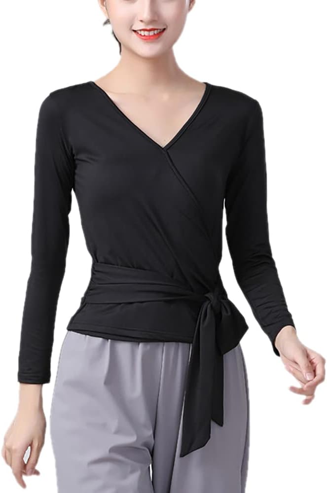 Whitewed Adult Women's Faux Wrap Tie Waist Sleeve Dance Yoga Gym Top T Shirts V Neck