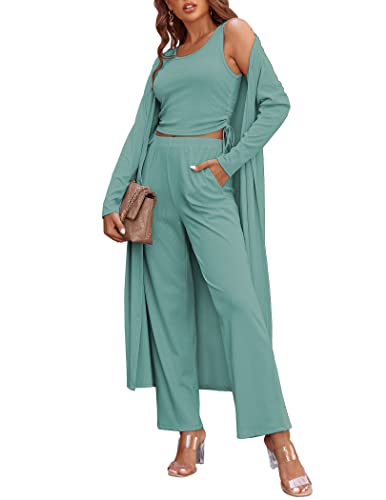 Image of Ekouaer Women's 3 Piece Lounge Set Pajama Long Sleeve Cardigan Sleeveless Top Pants Sweatsuit S-XXL