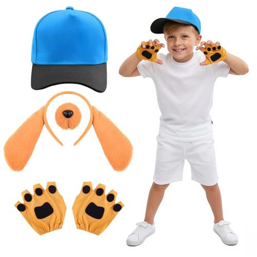 Xerteam Disfraz de perro para niños, con sombrero azul, orejas, diadema, guantes de nariz, orejas de perro, disfraz de personaje de perro para niños, disfraz de personaje para fiesta del Día Mundial