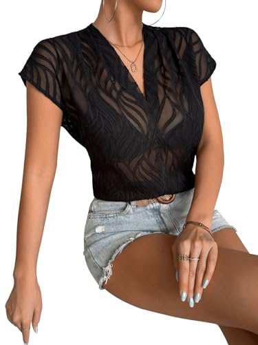 SweatyRocks Women's Sheer Mesh See Through Short Sleeve Blouse V Neck Plain Tee Shirt Tops4