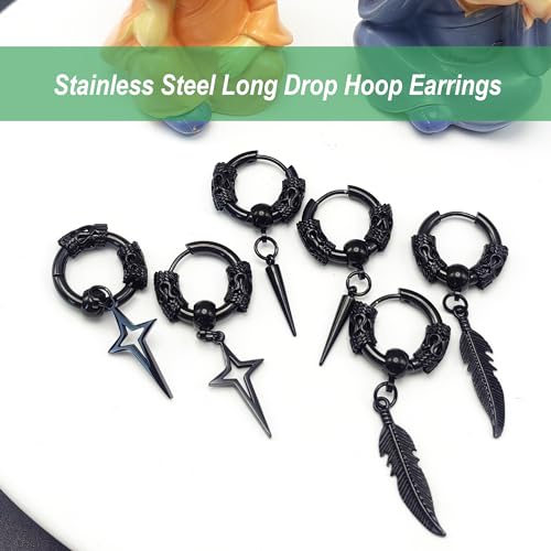 3 Pairs Dangle Hoop Earrings Set for Men, Surgical Steel Hanging Huggie Hoop Earrings with Spike/Feather/Cross Star Charms3