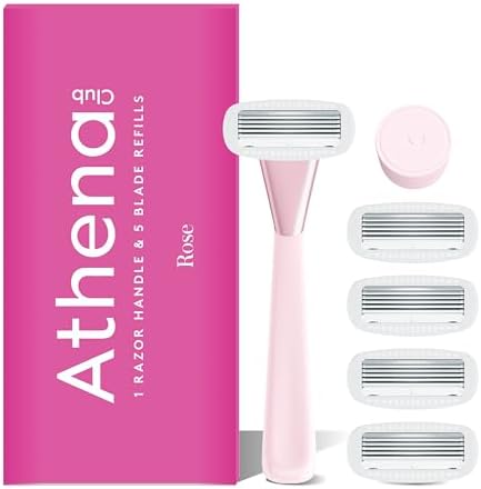 Athena Club Women’s Razor Kit, 5-Blade Cartridge Razor for Sensitive Skin, Serum-Infused Blades with Shea Butter and Hyaluronic Acid, Includes Handle, 5 Refills and Magnetic Shower Hook - Rose