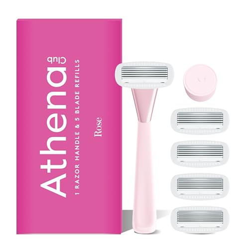 Athena Club Women’s Razor Kit, 5-Blade Cartridge Razor for Sensitive Skin, Serum-Infused Blades with Shea Butter and Hyaluronic Acid, Includes Handle, 5 Refills and Magnetic Shower Hook - Rose