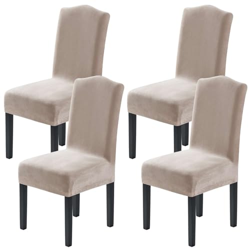 H.VERSAILTEX Velvet Dining Chair Covers Stretch Chair Covers for Dining Room Set of 4 Parson Chair Slipcovers Chair Protectors Covers Dining, Soft Thick Solid Velvet Fabric Washable, Oatmeal