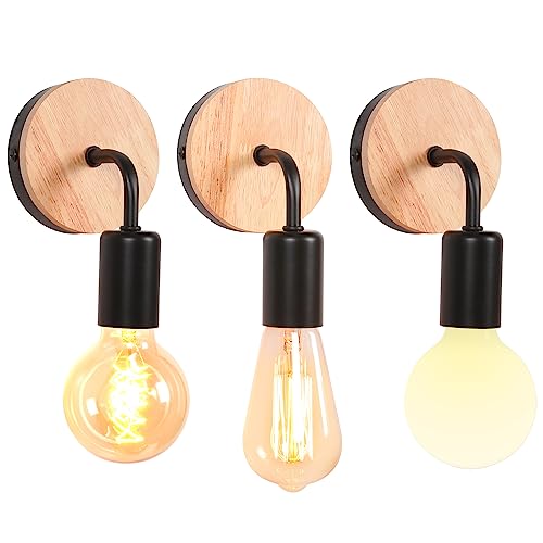 iDEGU Lot de 3 Applique Murale Interieur Industrielle LED Lampe Murale Vintage en Bois Métal E27 Luminaire Applique Rétro pour Salon Chambre à Coucher...