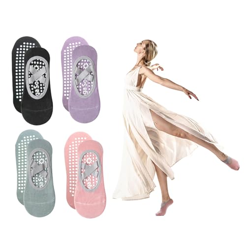 Duluok 4 Pares Calcetines De Yoga, Mujer Antideslizantes Pilates Calcetines, Algodón Pilates Calcetines Deportivos para Ballet Danza Fitness, Talla 35-39, Gris/Rosa/Negro/Púrpura