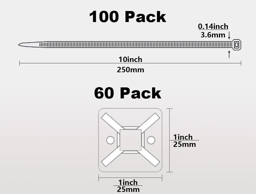 100 Pack 10×0.14inch Cable Ties with 60 Pcs Strong Self Adhesive Cable Clips Wire Ties Mount Sticky Base Nylon Zip Tie Wraps Plastic for Cable Tidy Management in Home and Office Black … image 3