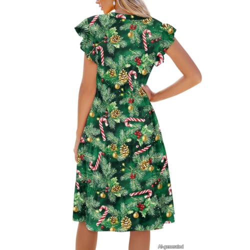 Image of Womens Summer Dress Ruffle Sleeve V Neck Dress Casual Fit Flowy Beach Vacation Sundress with Pocket S-2XL