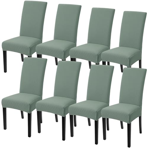 Image of SearchI Dining Room Chair Covers Set of 8, Stretch Jacquard Parsons Chair Slipcovers Removable Washable Kitchen Chair Protector Cover for Dining Room, Hotel, Ceremony (Sage Green Rhombus)