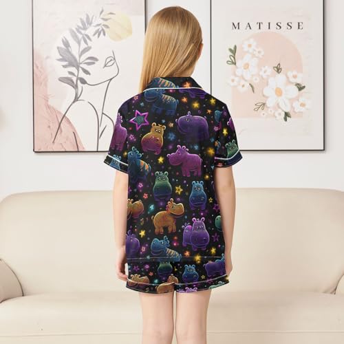 Satin Pajama Sets Short Sleeve Colorful Hippo Star Background Button Down Silky Nightwear 2 Piece PJS 5-14Y4