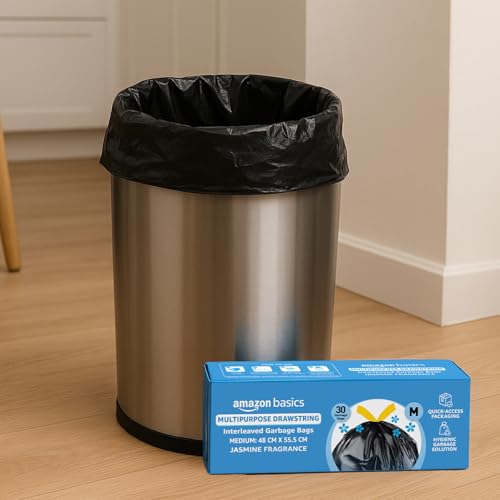 Image of Amazon Basics Multipurpose Drawstring Garbage Bags | Medium | 120 Count | 30 Bags x Pack of 4 | Heavy Duty | Jasmine Fragrance | Odour Control | No Tearing Needed