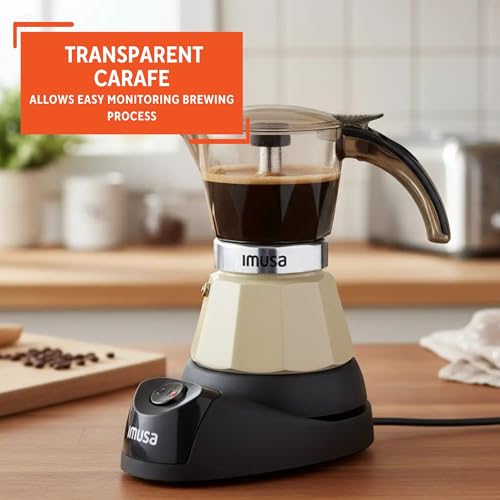 Image of IMUSA 3 or 2 Cup Electric Almond Espresso Maker, Compact Moka Coffee Machine with Keep Warm Function, Detachable Base, Milk Coffee Brewer for Cuban, Italian & Espresso Drinks