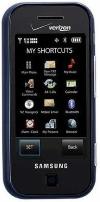 Samsung Glyde U940 front view with screen displaying shortcuts